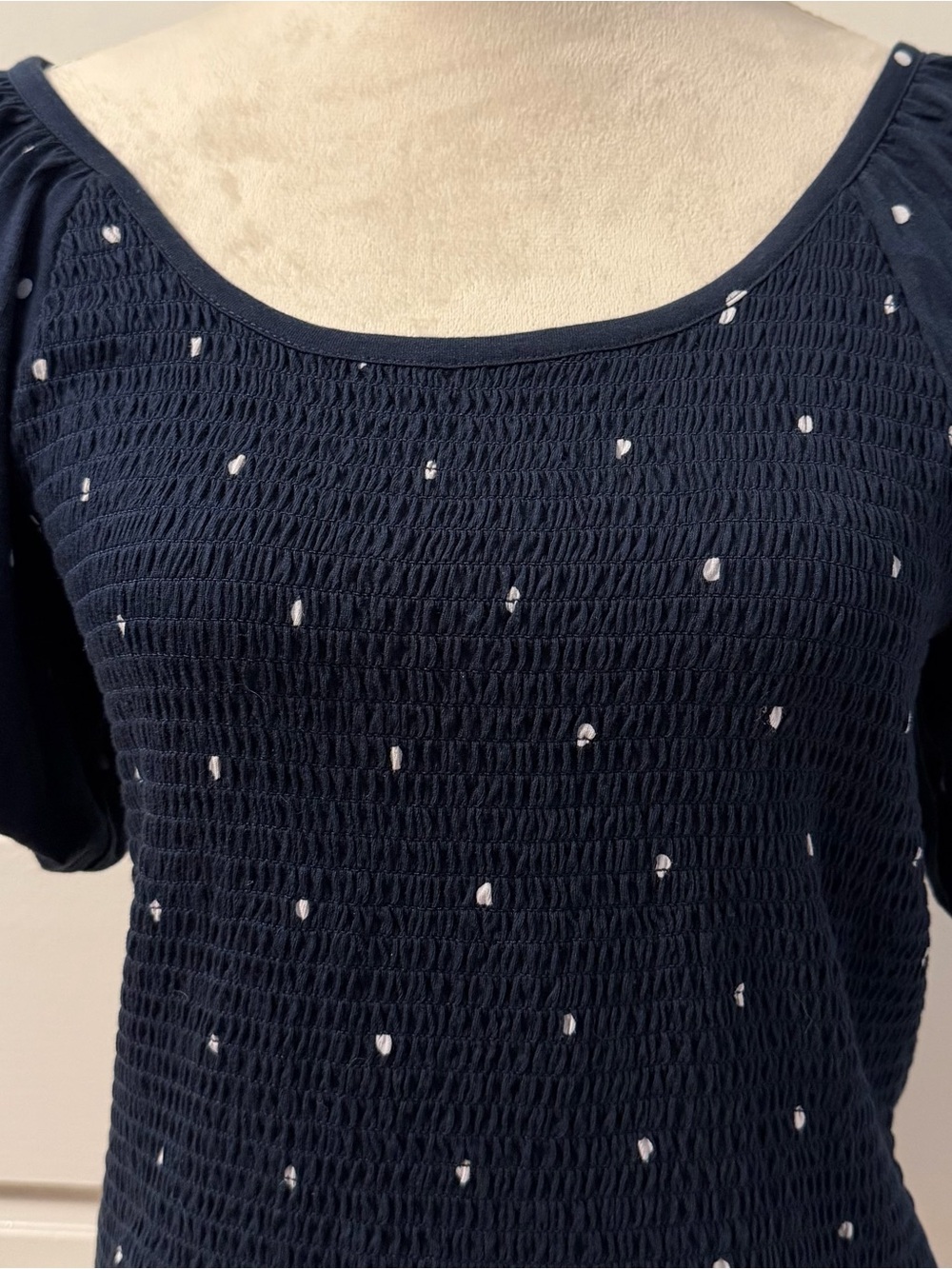 Nautica Women's Navy Blue and White Polka Dot Short Sleeve Smocked Top, Size M - Picture 2 of 9